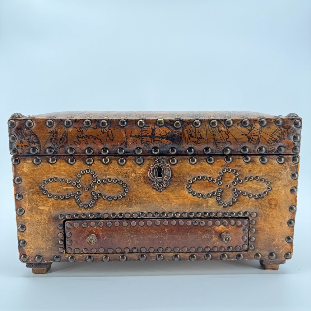 Vtg Leather Wood Jewelry Box Chest Trunk Old World Map Studded Nailhead Drawer